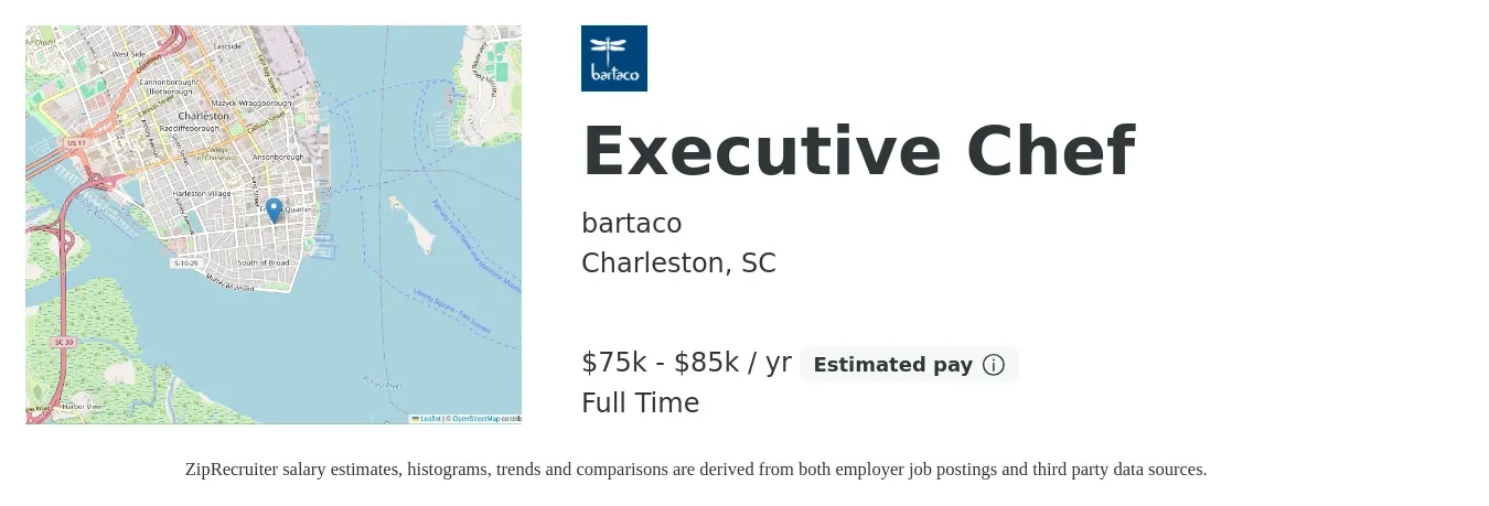 bartaco job posting for a Executive Chef in Charleston, SC with a salary of $75,000 to $85,000 Yearly with a map of Charleston location.