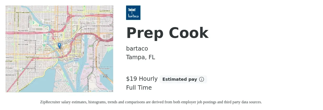 bartaco job posting for a Prep Cook in Tampa, FL with a salary of $14 to $17 Hourly with a map of Tampa location.