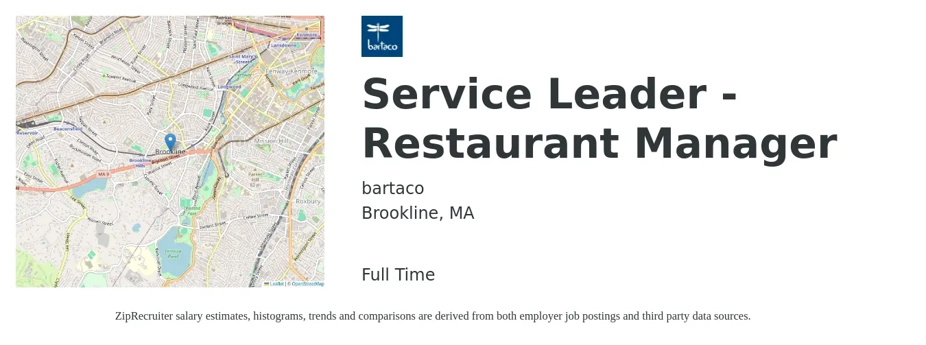bartaco job posting for a Service Leader - Restaurant Manager in Brookline, MA with a salary of $42,000 to $68,600 Yearly with a map of Brookline location.
