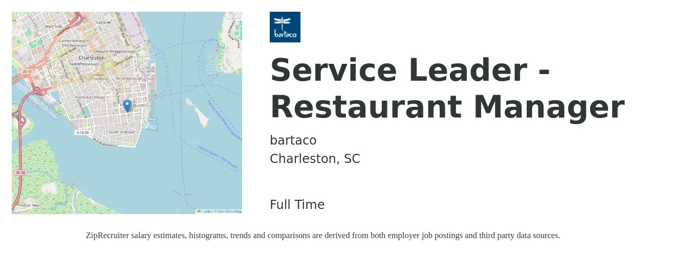 bartaco job posting for a Service Leader - Restaurant Manager in Charleston, SC with a salary of $37,000 to $60,400 Yearly with a map of Charleston location.
