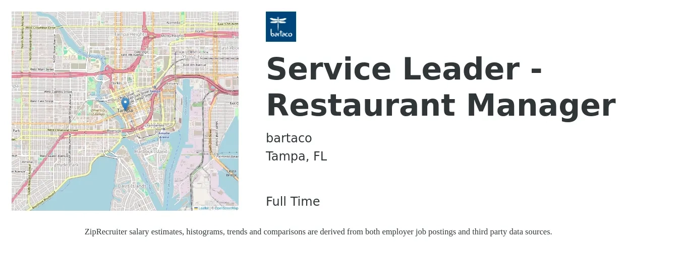 bartaco job posting for a Service Leader - Restaurant Manager in Tampa, FL with a salary of $55,000 to $65,000 Yearly with a map of Tampa location.