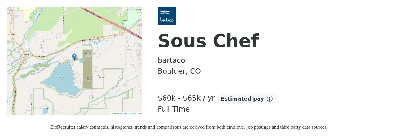 bartaco job posting for a Sous Chef in Boulder, CO with a salary of $55,000 to $65,000 Yearly with a map of Boulder location.