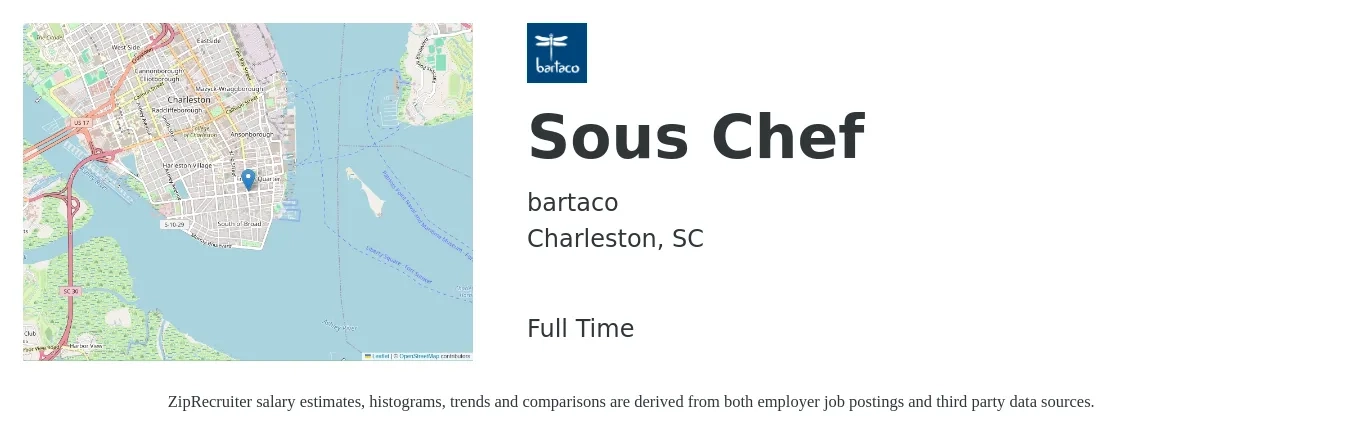 bartaco job posting for a Sous Chef in Charleston, SC with a salary of $46,800 to $63,200 Yearly with a map of Charleston location.