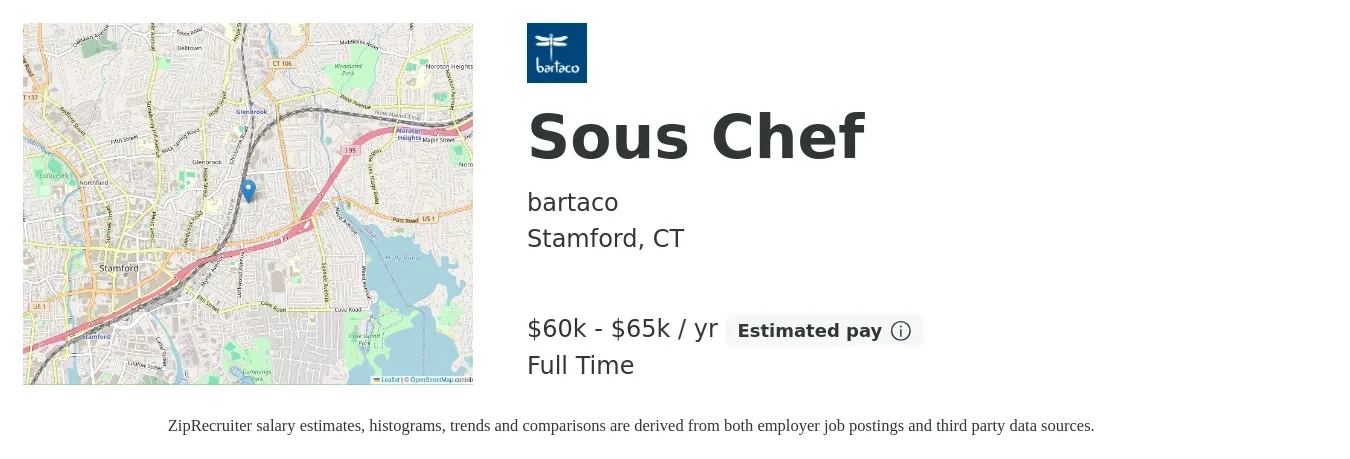 bartaco job posting for a Sous Chef in Stamford, CT with a salary of $53,300 to $72,000 Yearly with a map of Stamford location.