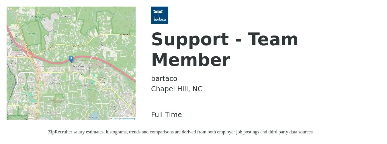 bartaco job posting for a Support - Team Member in Chapel Hill, NC with a salary of $11 to $14 Hourly with a map of Chapel Hill location.