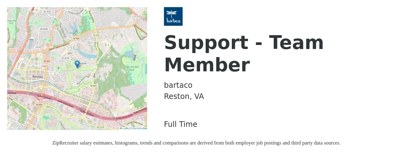 bartaco job posting for a Support - Team Member in Reston, VA with a salary of $13 to $16 Hourly with a map of Reston location.