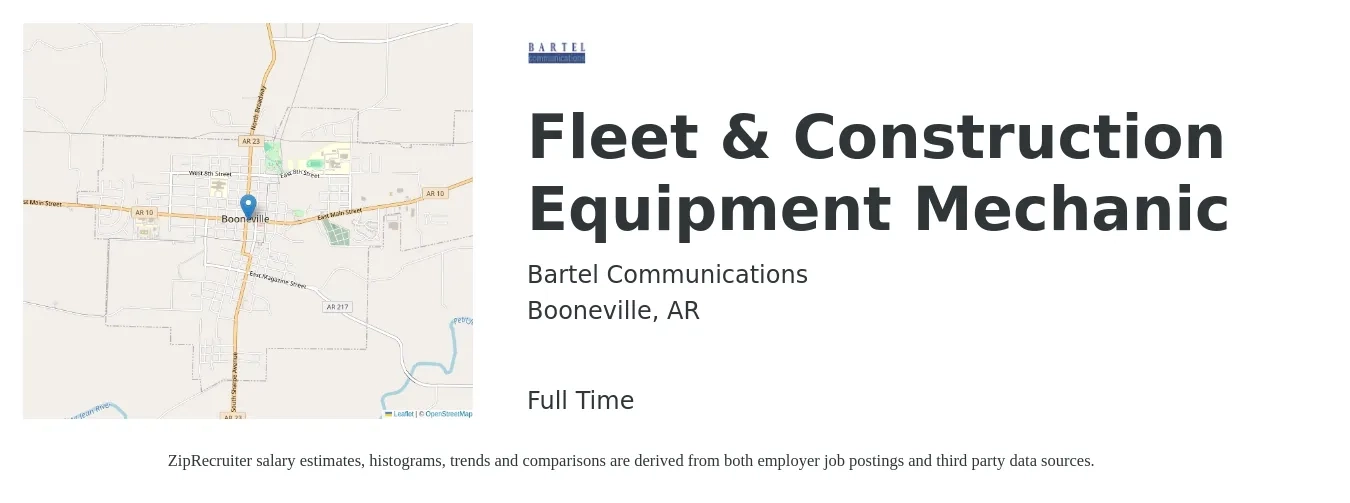 Bartel Communications job posting for a Fleet & Construction Equipment Mechanic in Booneville, AR with a salary of $20 to $26 Hourly with a map of Booneville location.