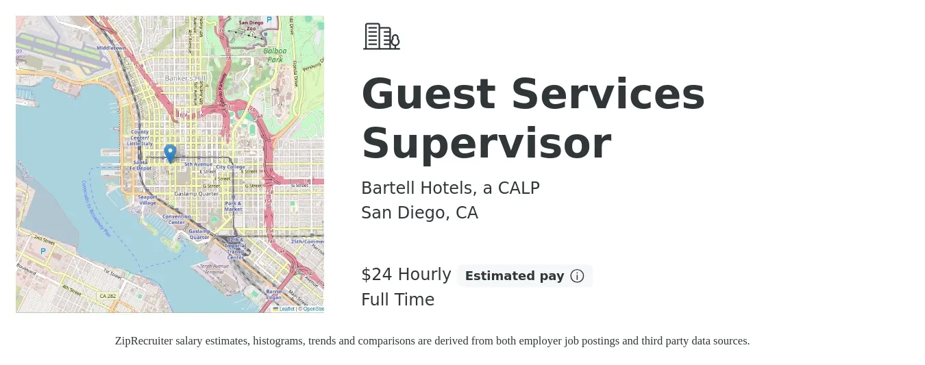 Bartell Hotels, a CALP job posting for a Guest Services Supervisor in San Diego, CA with a salary of $26 Hourly with a map of San Diego location.