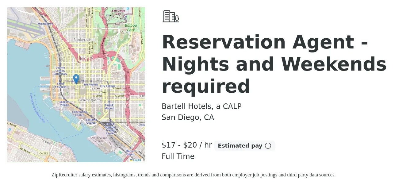 Bartell Hotels, a CALP job posting for a Reservation Agent - Nights and Weekends required in San Diego, CA with a salary of $18 to $21 Hourly with a map of San Diego location.