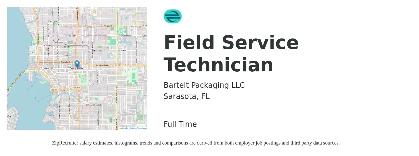 Bartelt Packaging LLC job posting for a Field Service Technician in Sarasota, FL with a salary of $19 to $29 Hourly with a map of Sarasota location.