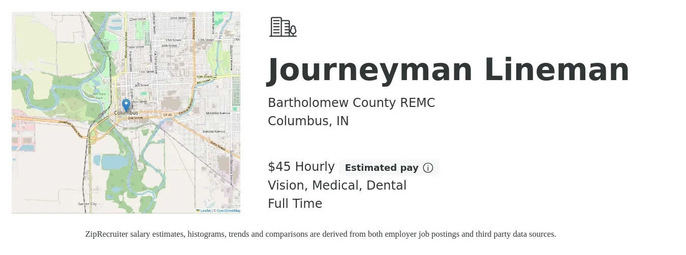 Bartholomew County REMC job posting for a Journeyman Lineman in Columbus, IN with a salary of $48 Hourly and benefits including dental, life_insurance, medical, retirement, and vision with a map of Columbus location.