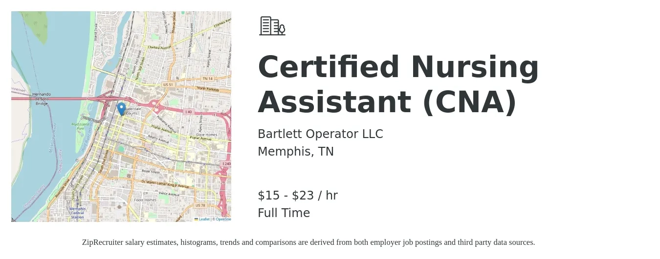 Bartlett Operator LLC job posting for a Certified Nursing Assistant (CNA) in Memphis, TN with a salary of $16 to $24 Hourly with a map of Memphis location.