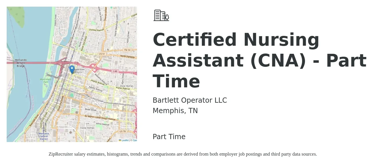 Bartlett Operator LLC job posting for a Certified Nursing Assistant (CNA) - Part Time in Memphis, TN with a salary of $15 to $21 Hourly with a map of Memphis location.