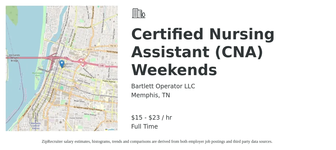 Bartlett Operator LLC job posting for a Certified Nursing Assistant (CNA) Weekends in Memphis, TN with a salary of $16 to $24 Hourly with a map of Memphis location.