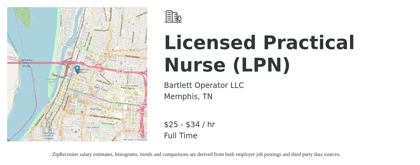 Bartlett Operator LLC job posting for a Licensed Practical Nurse (LPN) in Memphis, TN with a salary of $26 to $35 Hourly with a map of Memphis location.
