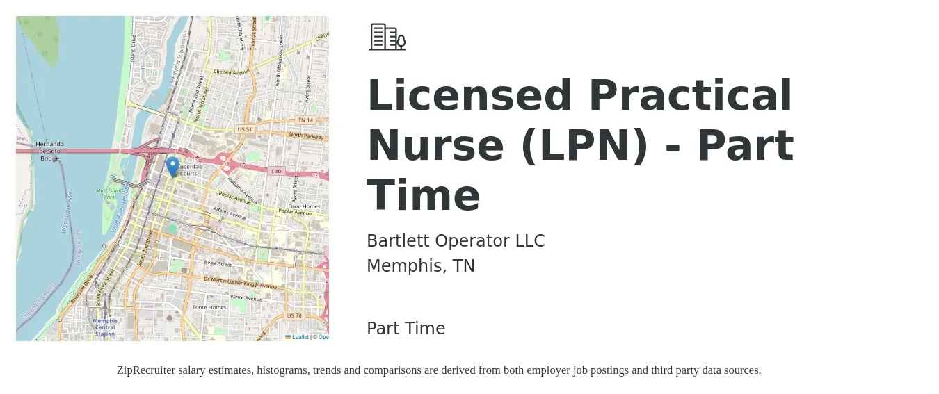 Bartlett Operator LLC job posting for a Licensed Practical Nurse (LPN) - Part Time in Memphis, TN with a salary of $23 to $31 Hourly with a map of Memphis location.