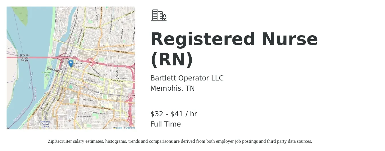 Bartlett Operator LLC job posting for a Registered Nurse (RN) in Memphis, TN with a salary of $34 to $44 Hourly with a map of Memphis location.