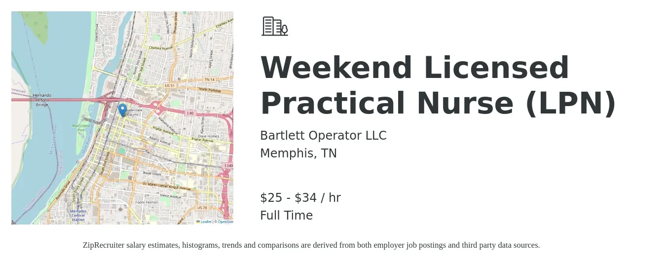 Bartlett Operator LLC job posting for a Weekend Licensed Practical Nurse (LPN) in Memphis, TN with a salary of $26 to $35 Hourly with a map of Memphis location.