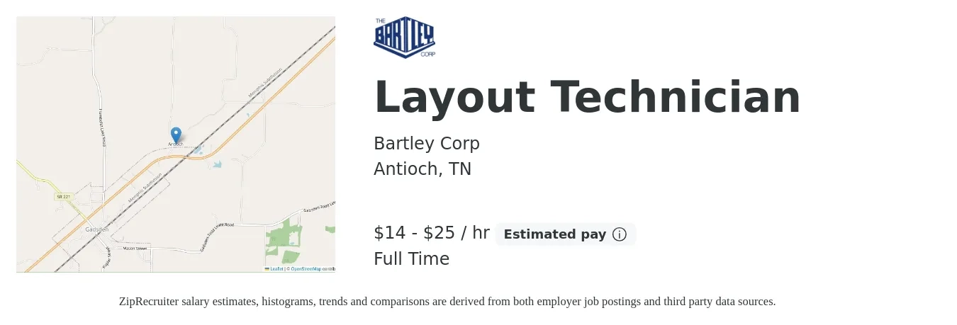 Bartley Corp job posting for a Layout Technician in Antioch, TN with a salary of $15 to $27 Hourly with a map of Antioch location.
