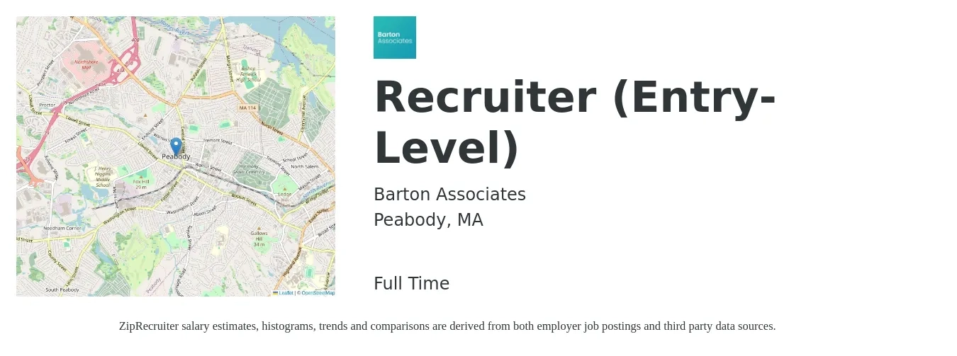 Barton Associates job posting for a Recruiter (Entry-Level) in Peabody, MA with a salary of $40,000 to $52,700 Yearly with a map of Peabody location.