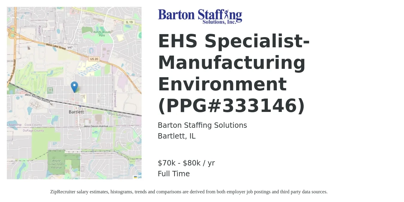 Barton Staffing Solutions job posting for a EHS Specialist-Manufacturing Environment (PPG#333146) in Bartlett, IL with a salary of $70,000 to $80,000 Yearly with a map of Bartlett location.