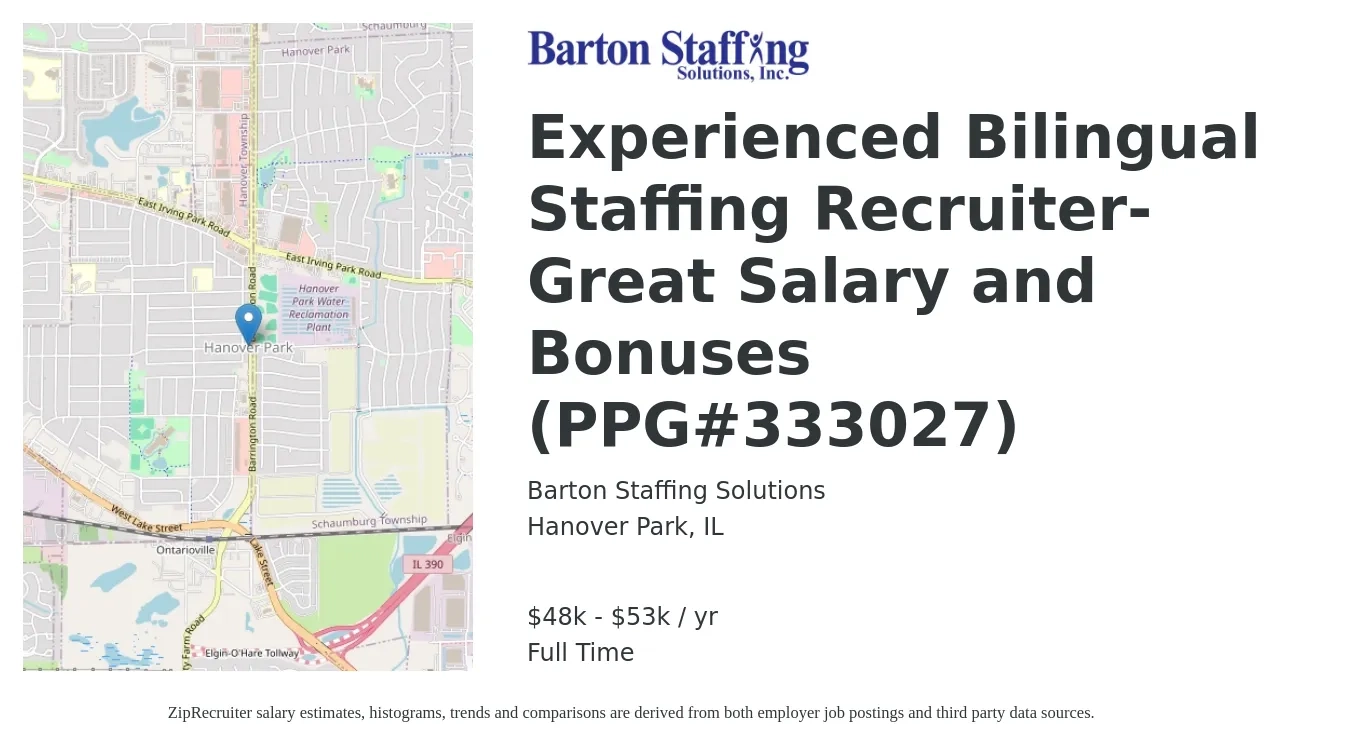 Barton Staffing Solutions job posting for a Experienced Bilingual Staffing Recruiter-Great Salary and Bonuses (PPG#333027) in Hanover Park, IL with a salary of $48,000 to $53,000 Yearly with a map of Hanover Park location.