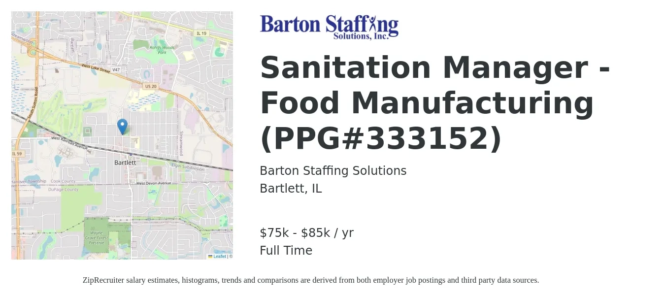 Barton Staffing Solutions job posting for a Sanitation Manager - Food Manufacturing (PPG#333152) in Bartlett, IL with a salary of $75,000 to $85,000 Yearly with a map of Bartlett location.