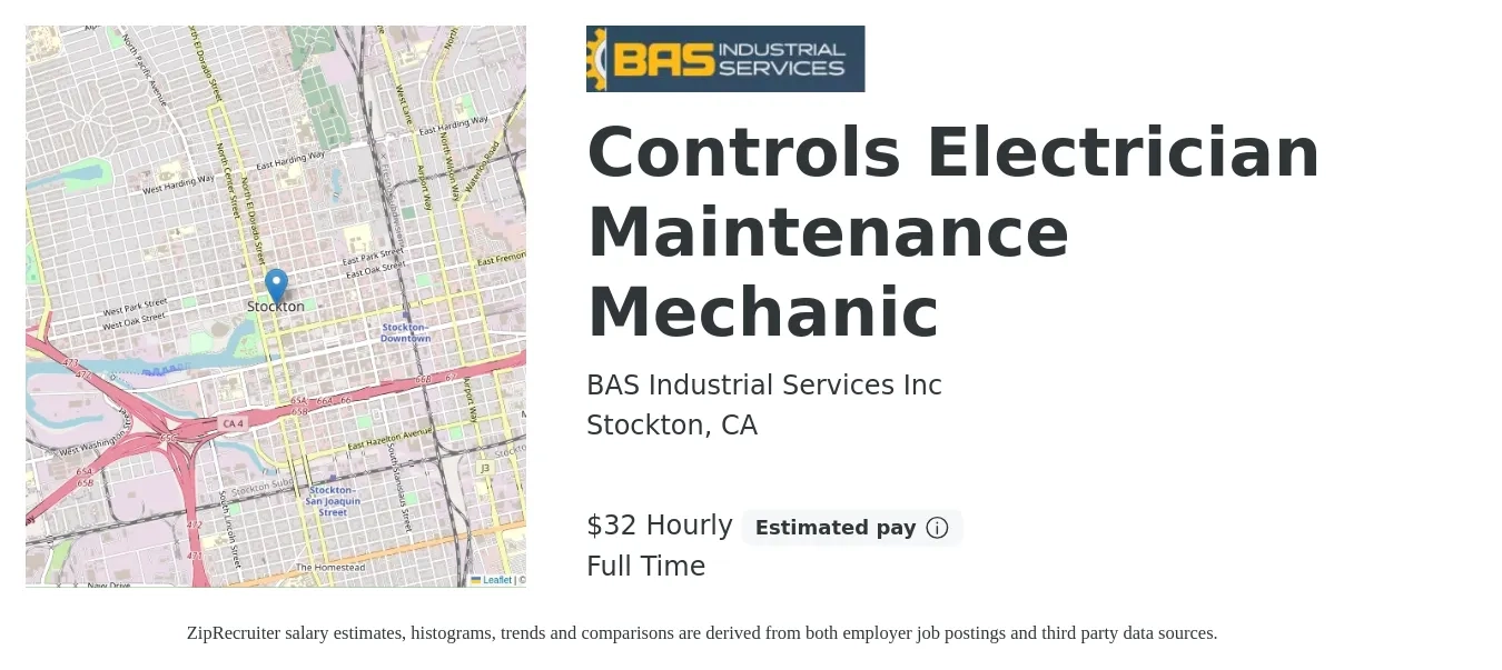 BAS Industrial Services Inc job posting for a Controls Electrician Maintenance Mechanic in Stockton, CA with a salary of $34 Hourly with a map of Stockton location.