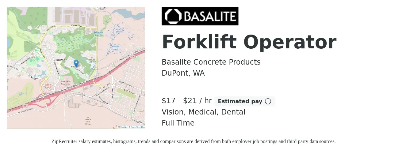 Basalite Concrete Products job posting for a Forklift Operator in DuPont, WA with a salary of $18 to $22 Hourly and benefits including pto, retirement, vision, dental, life_insurance, and medical with a map of DuPont location.