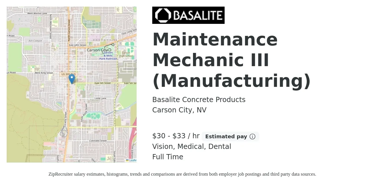 Basalite Concrete Products job posting for a Maintenance Mechanic III (Manufacturing) in Carson City, NV with a salary of $32 to $35 Hourly and benefits including retirement, vision, dental, life_insurance, medical, and pto with a map of Carson City location.