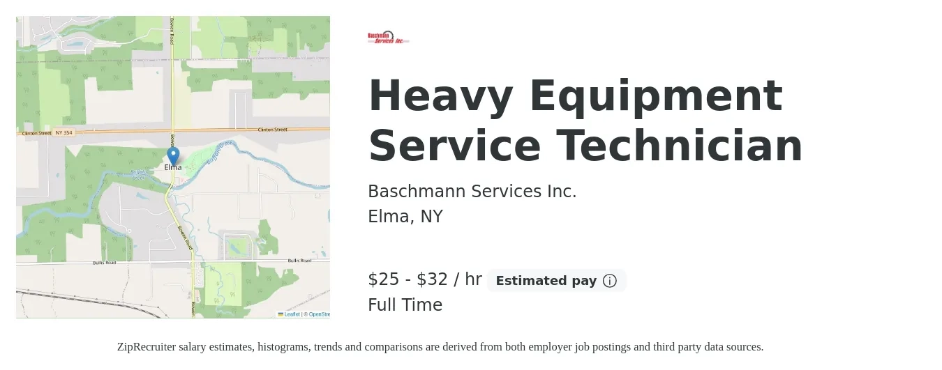 Baschmann Services Inc. job posting for a Heavy Equipment Service Technician in Elma, NY with a salary of $26 to $32 Hourly with a map of Elma location.