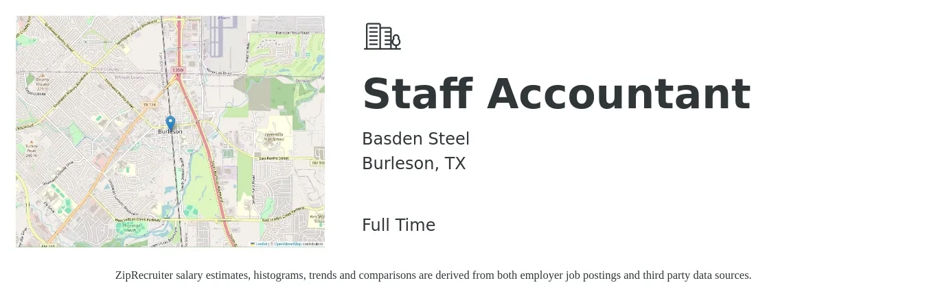 Basden Steel job posting for a Staff Accountant in Burleson, TX with a salary of $48,300 to $63,700 Yearly with a map of Burleson location.