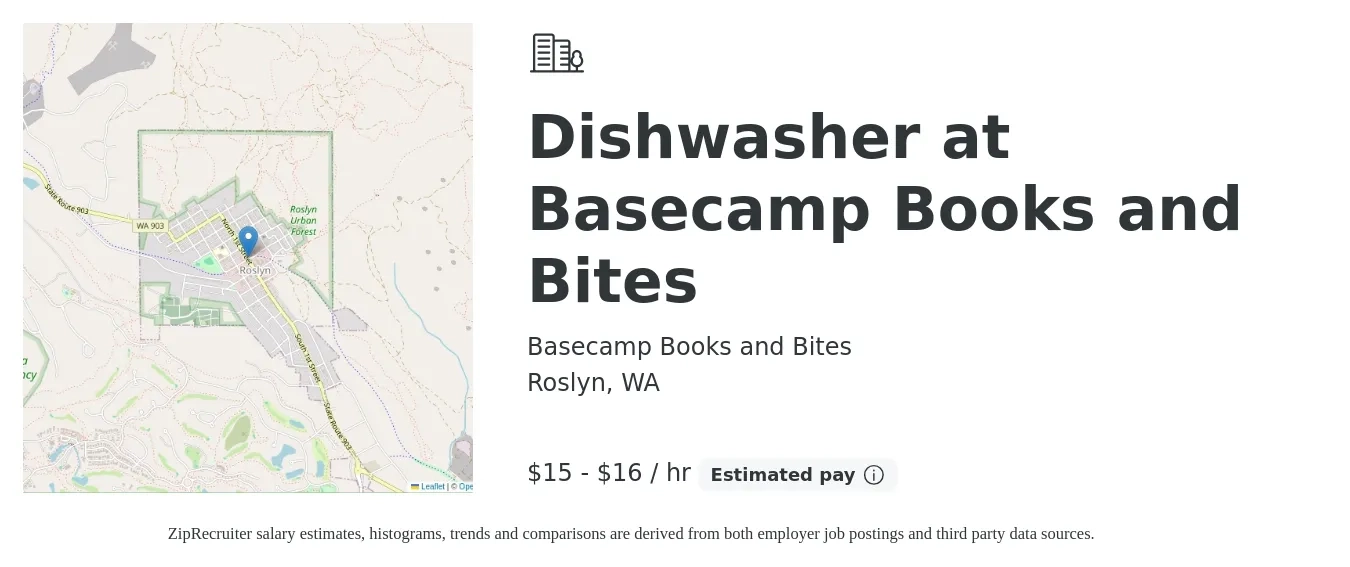 Basecamp Books and Bites job posting for a Dishwasher at Basecamp Books and Bites in Roslyn, WA with a salary of $16 to $17 Hourly with a map of Roslyn location.