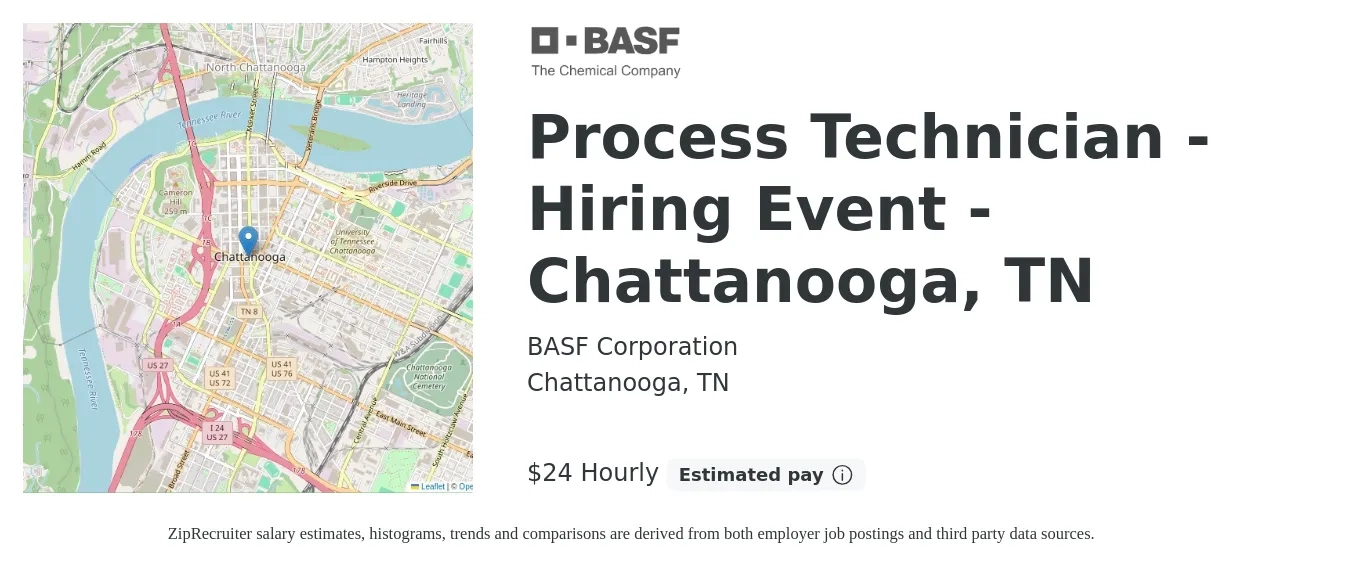 BASF Corporation job posting for a Process Technician - Hiring Event - Chattanooga, TN in Chattanooga, TN with a salary of $25 Hourly with a map of Chattanooga location.