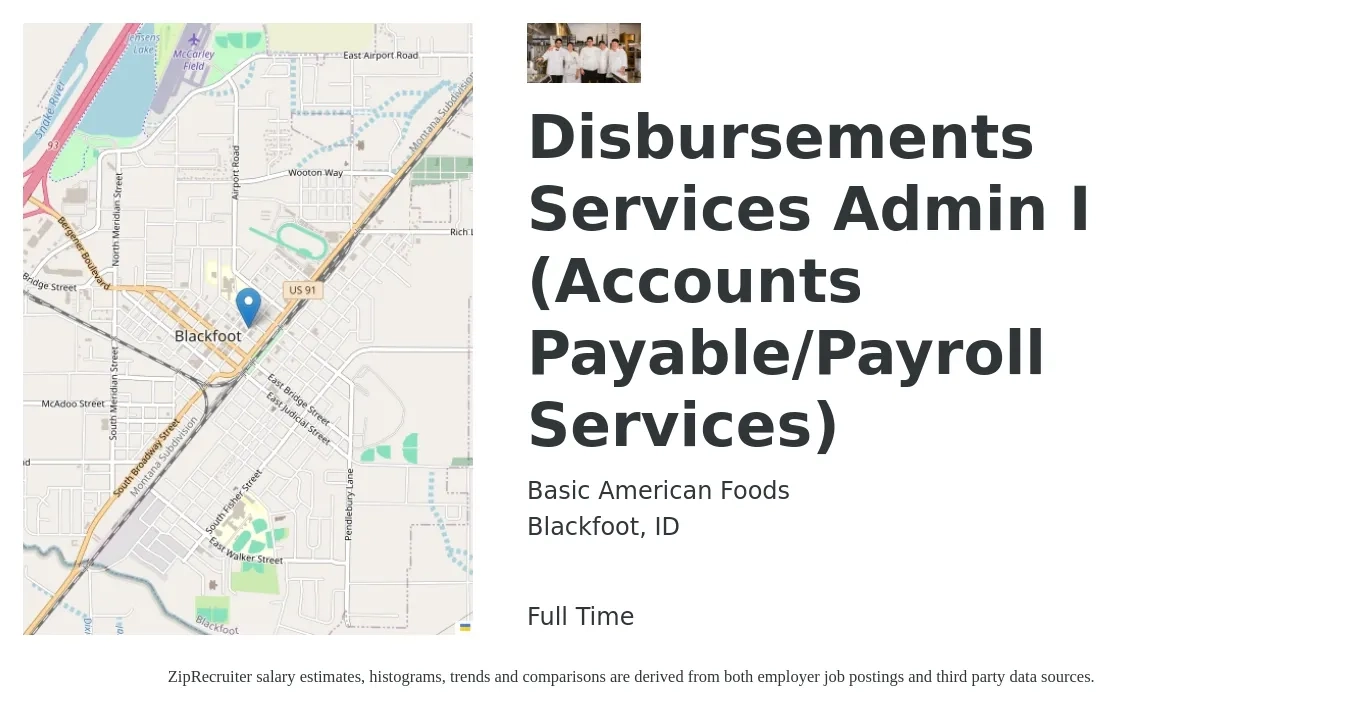 Basic American Foods job posting for a Disbursements Services Admin I (Accounts Payable/Payroll Services) in Blackfoot, ID with a salary of $16 to $22 Hourly with a map of Blackfoot location.