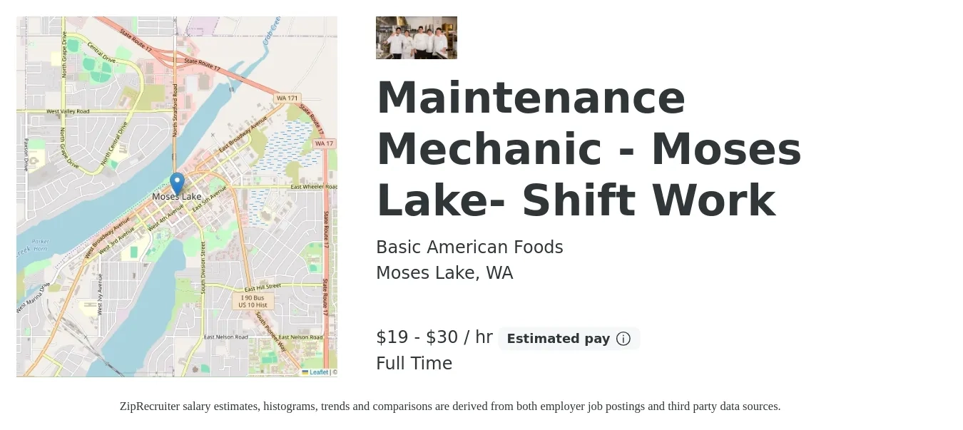 Basic American Foods job posting for a Maintenance Mechanic - Moses Lake- Shift Work in Moses Lake, WA with a salary of $20 to $32 Hourly with a map of Moses Lake location.