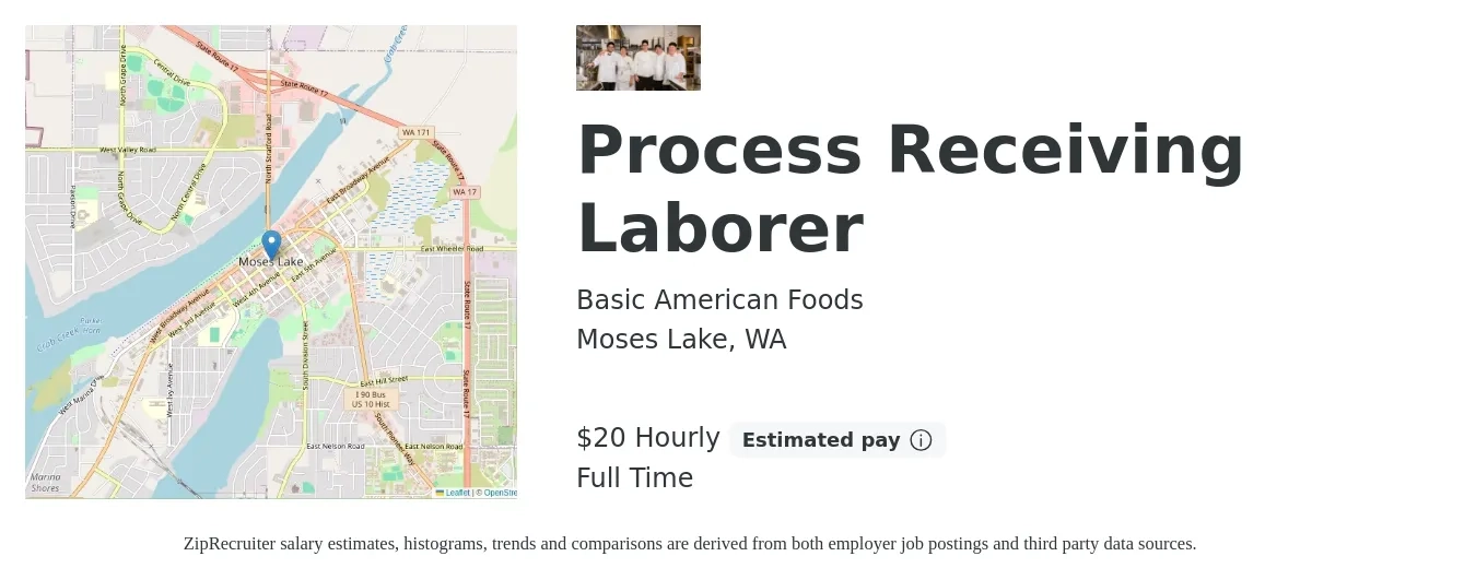 Basic American Foods job posting for a Process Receiving Laborer in Moses Lake, WA with a map of Moses Lake location.