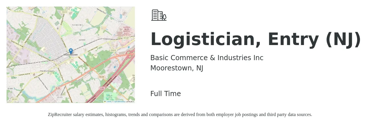 Basic Commerce & Industries Inc job posting for a Logistician, Entry (NJ) in Moorestown, NJ with a salary of $25 to $37 Hourly with a map of Moorestown location.