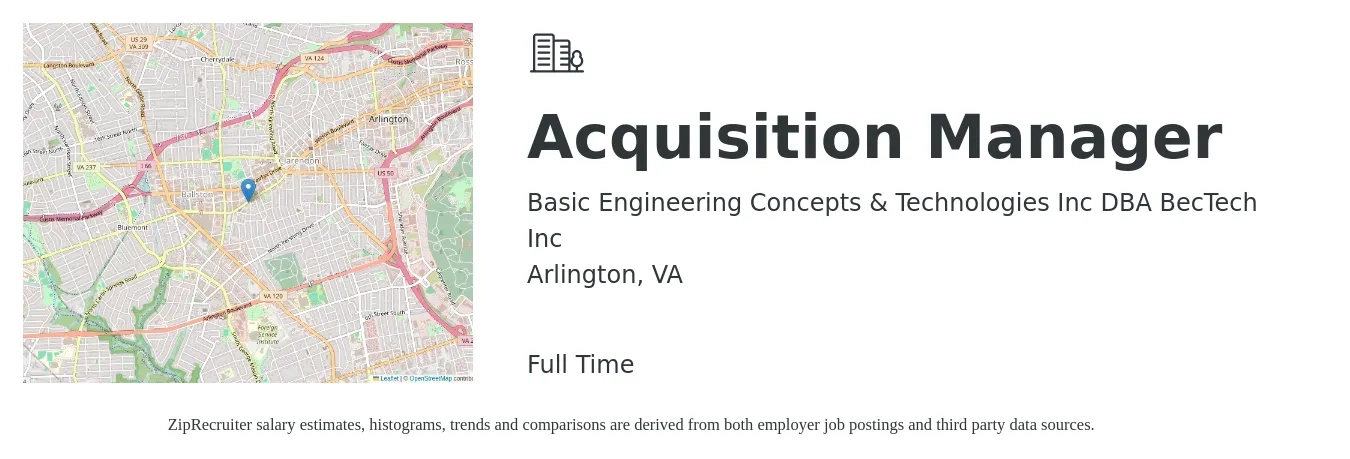 Basic Engineering Concepts & Technologies Inc DBA BecTech Inc job posting for a Acquisition Manager in Arlington, VA with a salary of $62,800 to $128,000 Yearly with a map of Arlington location.