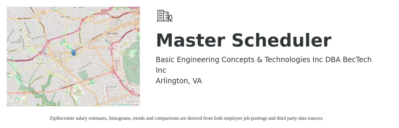 Basic Engineering Concepts & Technologies Inc DBA BecTech Inc job posting for a Master Scheduler in Arlington, VA with a salary of $72,600 to $114,100 Yearly with a map of Arlington location.