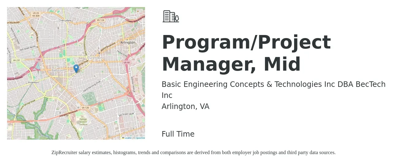 Basic Engineering Concepts & Technologies Inc DBA BecTech Inc job posting for a Program/Project Manager, Mid in Arlington, VA with a salary of $52 to $74 Hourly with a map of Arlington location.
