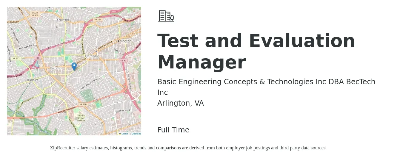 Basic Engineering Concepts & Technologies Inc DBA BecTech Inc job posting for a Test and Evaluation Manager in Arlington, VA with a salary of $108,100 to $149,600 Yearly with a map of Arlington location.