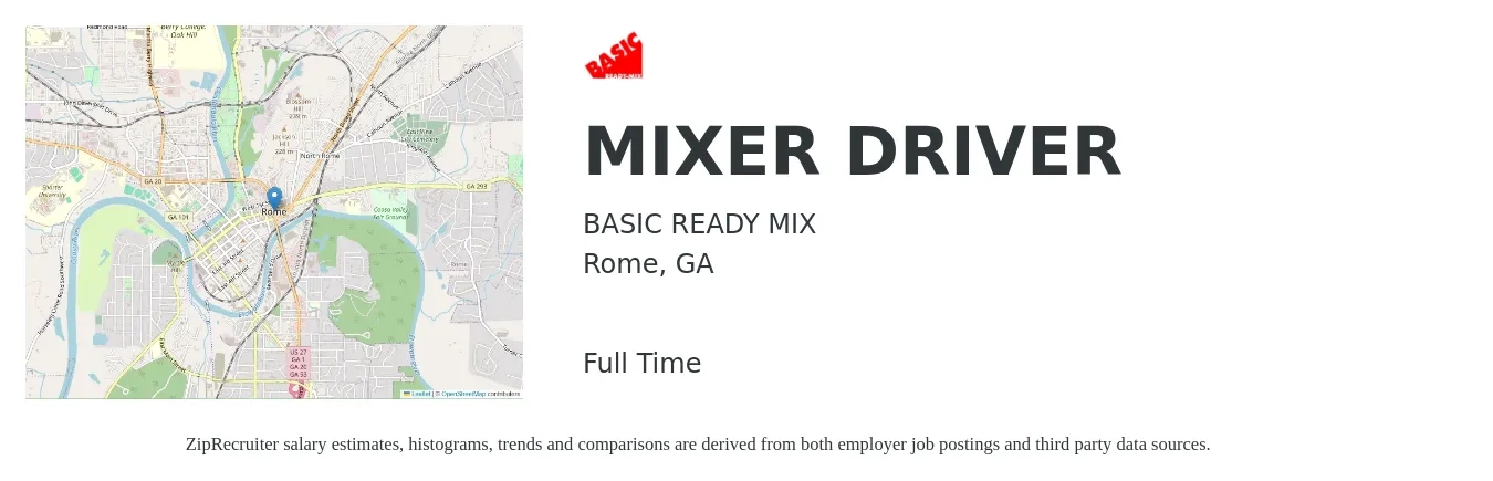 BASIC READY MIX job posting for a MIXER DRIVER in Rome, GA with a salary of $17 to $21 Hourly with a map of Rome location.