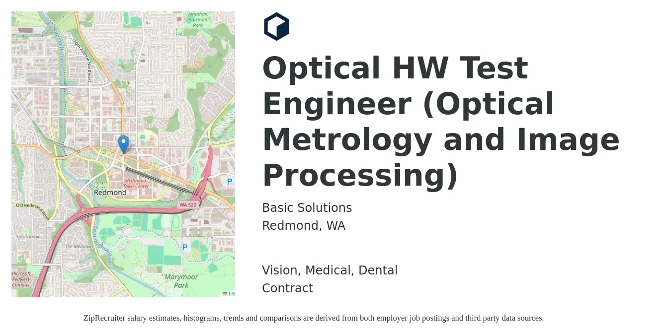 Basic Solutions job posting for a Optical HW Test Engineer (Optical Metrology and Image Processing) in Redmond, WA with a salary of $144,500 to $187,000 Yearly and benefits including dental, life_insurance, medical, retirement, and vision with a map of Redmond location.