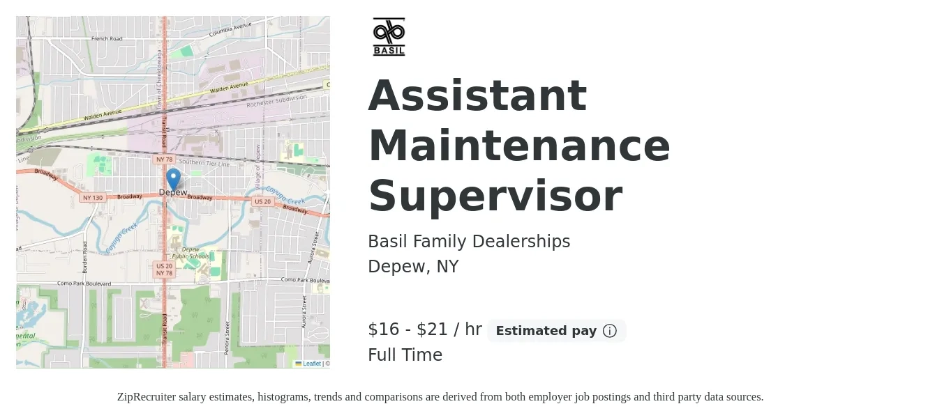 Basil Family Dealerships job posting for a Assistant Maintenance Supervisor in Depew, NY with a salary of $17 to $22 Hourly with a map of Depew location.
