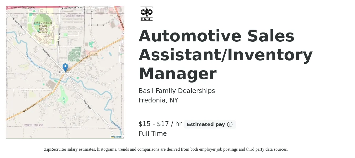 Basil Family Dealerships job posting for a Automotive Sales Assistant/Inventory Manager in Fredonia, NY with a salary of $16 to $18 Hourly with a map of Fredonia location.