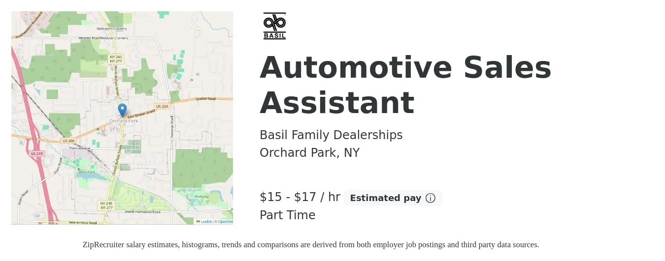 Basil Family Dealerships job posting for a Automotive Sales Assistant in Orchard Park, NY with a salary of $16 to $18 Hourly with a map of Orchard Park location.