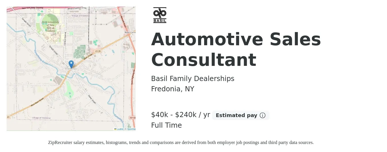 Basil Family Dealerships job posting for a Automotive Sales Consultant in Fredonia, NY with a salary of $40,000 to $240,000 Yearly with a map of Fredonia location.