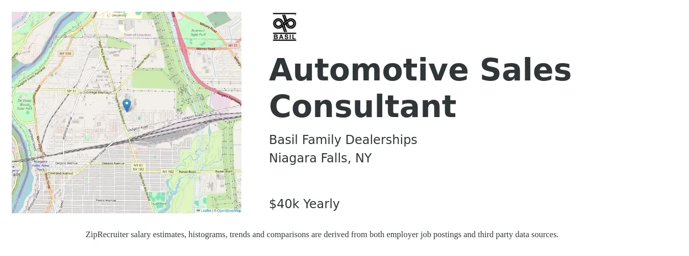 Basil Family Dealerships job posting for a Automotive Sales Consultant in Niagara Falls, NY with a salary of $40,000 to $240,000 Yearly with a map of Niagara Falls location.