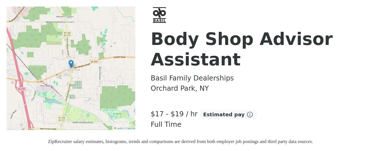 Basil Family Dealerships job posting for a Body Shop Advisor Assistant in Orchard Park, NY with a salary of $18 to $20 Hourly with a map of Orchard Park location.